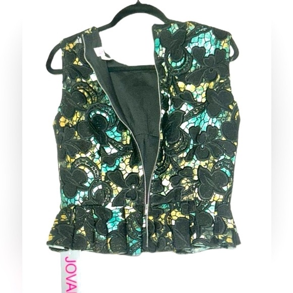 NWT Jovani Black, Green, & Yellow Lace Peplum Top, Built-In Bra, Back Zipper, 12 - Picture 9 of 16